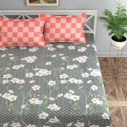 florida Grey Floral 144 TC Cotton King Fitted Bedsheet Bedsheet 2 Pillow Prime Collection-picture-10