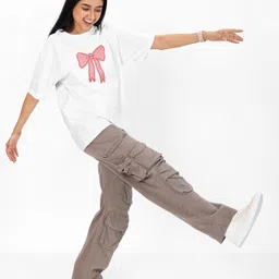 slenor Women Graphic Print Round Neck Pure Cotton White T-Shirt image 5