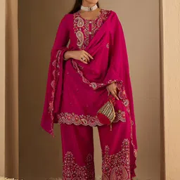 indo era Women Silk Blend Kurta Palazzo Dupatta Set image 5