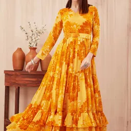 odd by chansi trendz Floral Print Georgette Stitched Flared/A-line Gown image 1