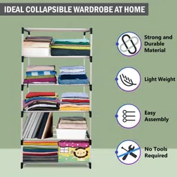 trilllium Bedroom – 5 Shelf Foldable Almirah, Portable Clothes Storage Rack for Home PP Collapsible Wardrobe image 2