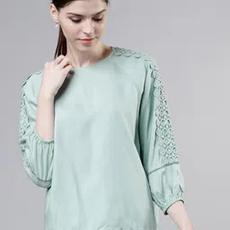 tokyo talkies Casual Regular Sleeves Solid Women Blue Top-picture-33