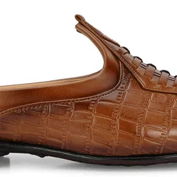 house of pataudi Men Brown Textured Leather Slip-On Loafers with Handcrafted Woven Design Mojaris For Men image 5