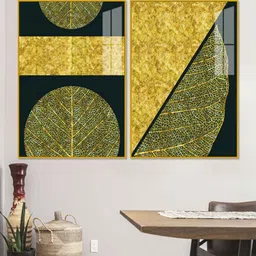 vibecrafts Golden Leaves And Line Art Acrylic Framed Art Panel (Set Of 2) image 1