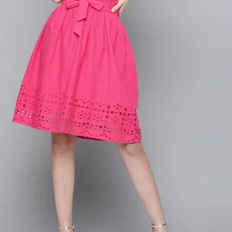 SASSAFRAS Fuchsia Pink Pure Cotton Schiffli Detail Flared Skirt with Belt-picture-25