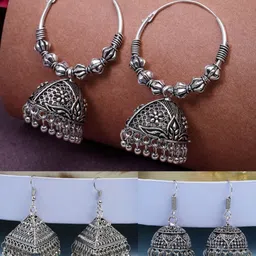 NVR Women Set of 3 German Silver OxidisedSilver Plated Dome Shaped Jhumka Earrings-picture-46