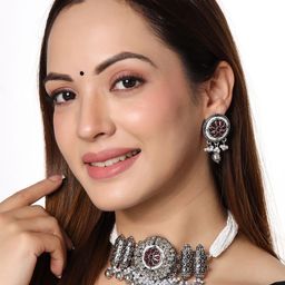 Yellow Chimes White Stone-Studded & Beaded Silver-Plated Pink Choker Jewellery Set-picture-33