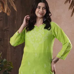 ADA Lime Green & White Ethnic Motifs Hand Embroidered Chikankari Pure Cotton Kurti-picture-44