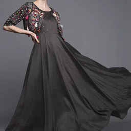 Inddus Charcoal Grey Embroidered Gown with Heavy Embroidered Jacket-picture-10