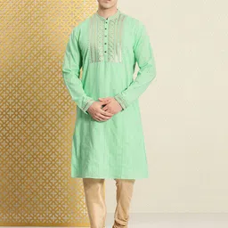 House of Pataudi Jashn Sequinned Embellished Yoke Design Zari Work Pure Cotton Kurta image 2