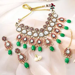 Rubans 22K Gold-Plated Kundan Ruby & Green Beaded Bridal Choker Necklace Set image 2