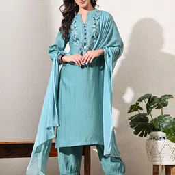 MEESAN Women Yoke Design Regular Thread Work Chanderi Silk Kurta with Salwar & With Dupatta image 1