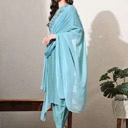 MEESAN Women Yoke Design Regular Thread Work Chanderi Silk Kurta with Salwar & With Dupatta image 2