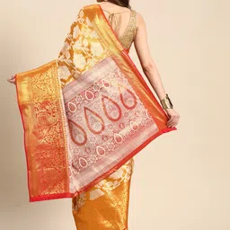 Silk Land Gold-Toned & White Floral Zari Tissue Heavy Work Kanjeevaram Saree image 2