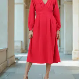 Shein Modest Deep V-Neck Cuff Sleeve Pleated Fit and Flare Dress-picture-26