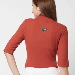 spykar Women Ribbed Slim Fit High-Neck T-Shirt image 3