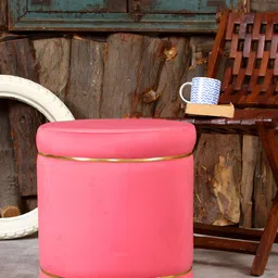 Shadowkart Peach Colored Velvet & Wooden Round Ottoman-image-60