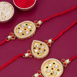 Sukkhi Rakhi Men Set Of 3 Gold-Plated White & Red Stone-Studded With Roli Chawal & Greeting Card-picture-46
