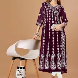 FabFairy Floral Embroidered Chikankari V-Neck Anarkali Kurta-picture-20