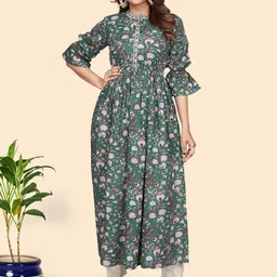 vbuyz KALINI Floral Printed Puff Sleeve Thread Work Cotton Pleated A-Line Kurta-picture-24