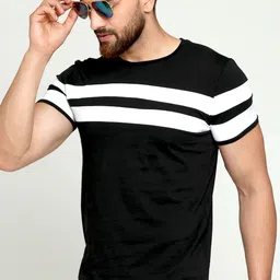 AUSK Men Black Striped T-shirt with Mask image 1