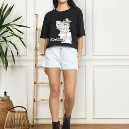 tom and jerry by dreambe Women Printed Round Neck Cotton Blend Black T-Shirt image 5