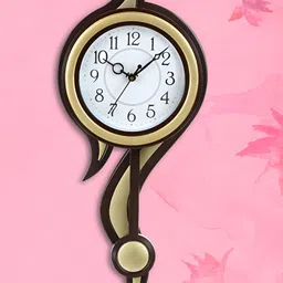 Attractionz Gold Toned & Brown Round Shaped Pendulum Contemporary Analogue Wall Clock image 3