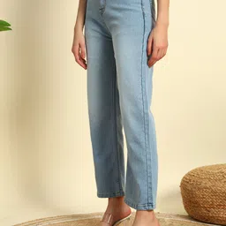 denim look Women Flared High Rise Light Blue Jeans image 4