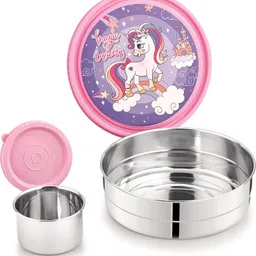 pratap Hungry Kya Round Steel Lunch Box (With Separate 110ml Box) 2 Containers Lunch Box image 2