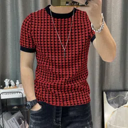 kajaru Men Printed Round Neck Polyester Black, Red T-Shirt image 1