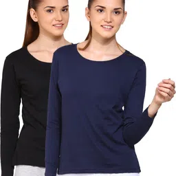 ap'pulse Pack of 2 Women Solid Round Neck Pure Cotton Dark Blue, Black T-Shirt-picture-32