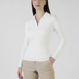 Women Solid Polo Neck Polyester White T-Shirt-image-1