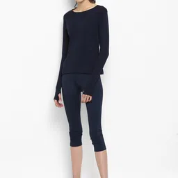 ap'pulse Women Solid Round Neck Pure Cotton Dark Blue T-Shirt image 4