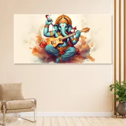 nestroots White Canvas Framed Ganesha Jamming with Joyful Strings Wall Painting image 1