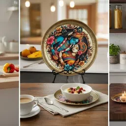 elitekitch Floral Radha-Krishna Half_6 Inch Engraved Brass Pooja Plate | Heavy Duty Aasan Dinner Plate image 3