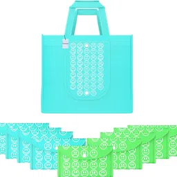 homestic Pack of 10 Smile Foldable Grocery/Shopping Bags For Women | Blue & Green-picture-17