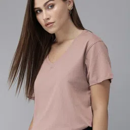 roadster Women Solid V Neck Pure Cotton Purple T-Shirt image 1