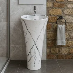 Premium Ceramic Pedestal Wash Basin | Glossy White Marble-Vein | Space-Saving Free-Standing Bathroom Sink, Easy-Clean & Durable| Pedestal Basin-image-2