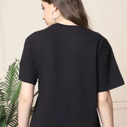 fabflee Women Printed Round Neck Pure Cotton Black T-Shirt image 2