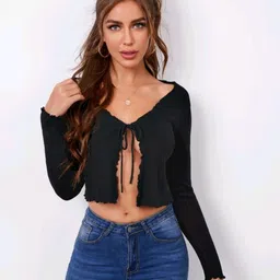 Women Straight Full Sleeve Black Shrug-image-0