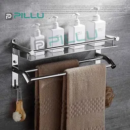 High Grade Stainless Steel 1 Layer Bathroom Shelf/Towel Rack 15 inch 2 Bar Towel Rod-image-67