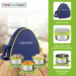 foodnfood Stylock Neo 3 Stainless Steel 350 Ml Each Containers Clip-Lock With Softline Bag 3 Containers Lunch Box image 2