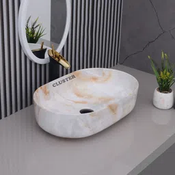 cluster Designer Matt Finish Over Counter Wash Basin For Bathroom, Hotel & Restaurants | Oblong Shaped (550 x 350 x 145 mm) | Glossy White And Brown Table Top Basin image 1