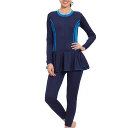 limee One Piece Full Body SwimSuit Maximum Coverage | UV Protection | Removable Pads Self Design Women Swim-dress Blue Swimsuit image 5