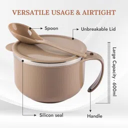 kuber industries Stainless Steel Soup Bowl Pack of 3 600ml Stainless Steel Soup Bowl with Spoon & Holder | Brown image 4