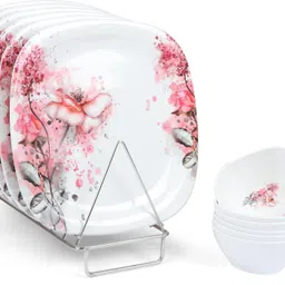 golden fish White Base Floral Printed Melamine Full Size Square Dinner Plate(11 Inch), Veg. Bowl & Quarter Plates(7 Inch) (Set of 6 Each) Dinner Plate image 2