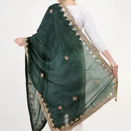 karthav fashion Art Silk Self Design Green Women Dupatta image 4