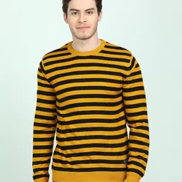 peter england Men Woven Round Neck Yellow, Black Sweater-picture-27