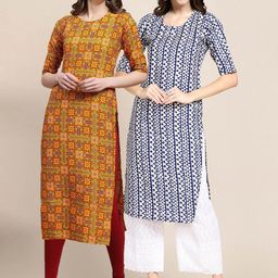 7threads KALINI PACK OF 2 Women Mustard Ethnic Motifs Printed Block Print Handloom Crepe Kurta-picture-39