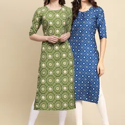 7threads KALINI Women Green & Blue Pack Of 2 Geometric Printed Block Print Handloom Crepe Kurta-picture-35